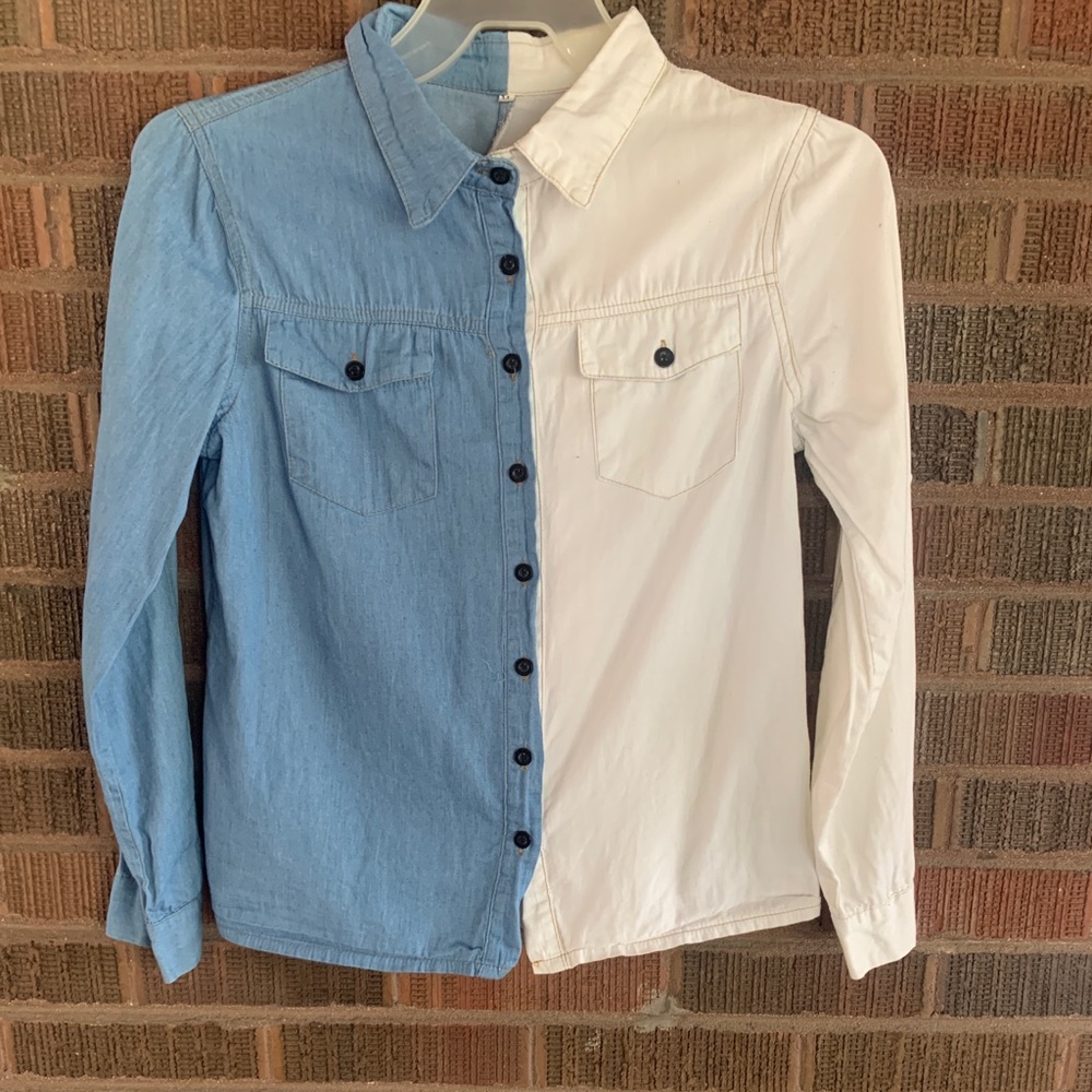 Two-Tone Denim & White Button-Up Shirt